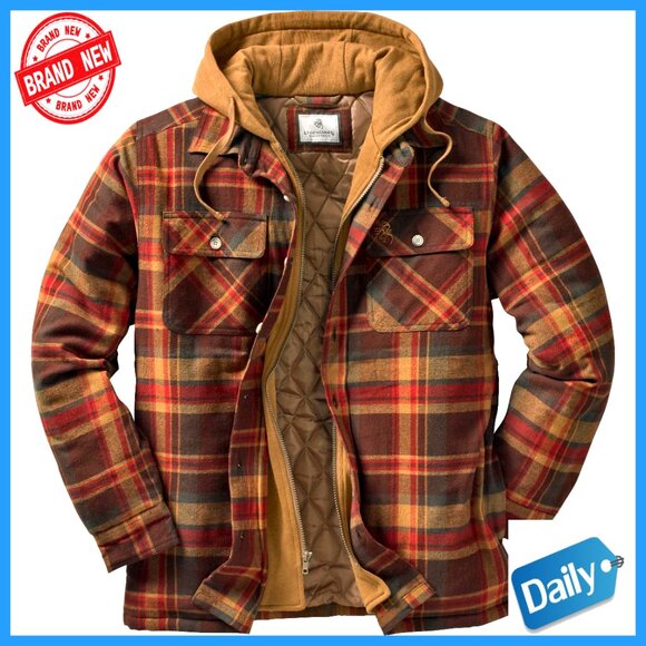 Men's Quilted Flannel Hooded Shirt Jacket Lightweight Insulated Classic Casual